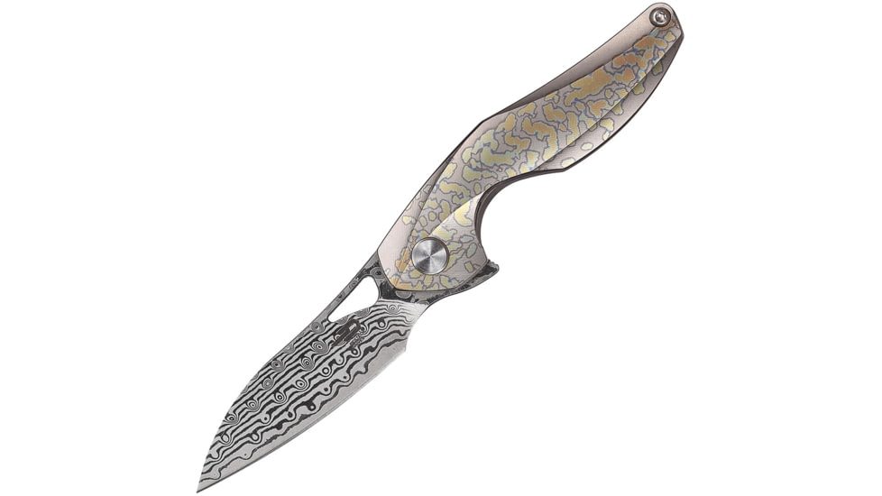 Bestech Knives The Reticulan Framelock Gray Folding Knife, 2in Damascus Steel Drop Point, Gray Anodized Titanium Handle,Ceramic Ball Bearings, Black Kydex Neck Sheath, Gray, BT1810K