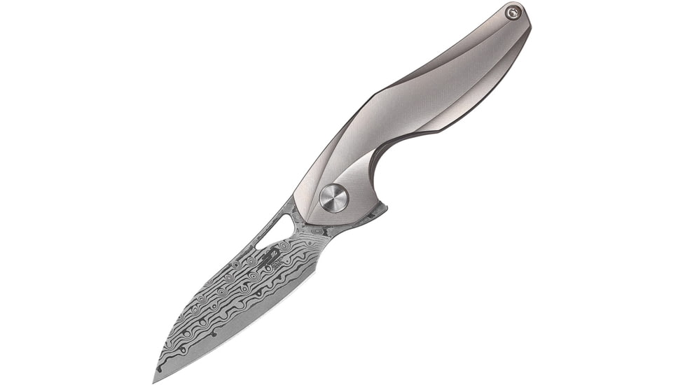 Bestech Knives The Reticulan Framelock Gray Folding Knife, 2in Damascus Steel Drop Point, Gray Satin Titanium Handle,Ceramic Ball Bearings, Black Kydex Neck Sheath, Gray, BT1810G