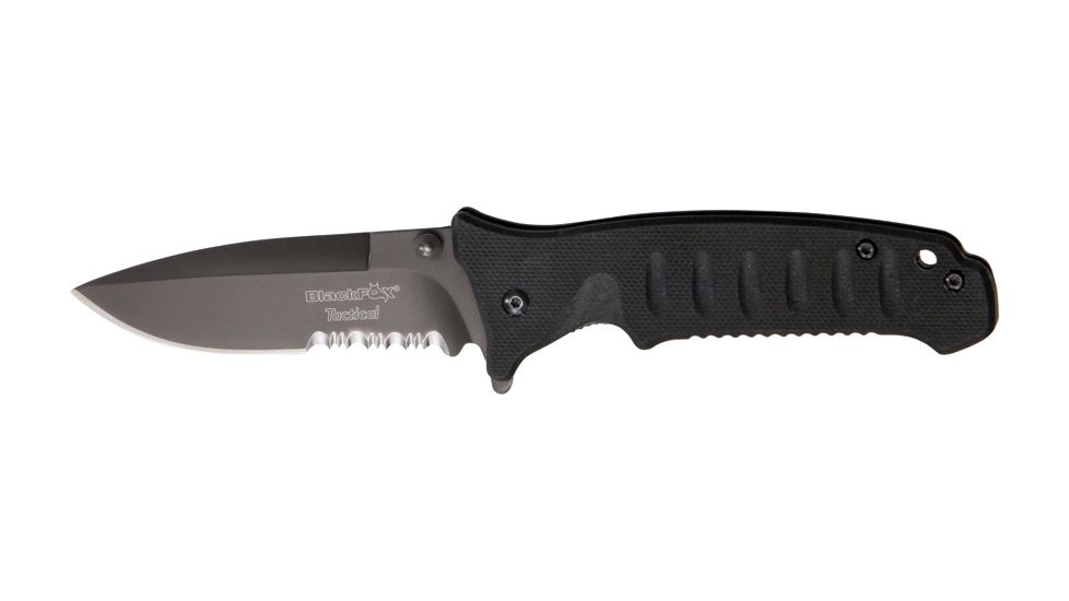 Black Fox Tactical Linerlock Fold Knife, 4in, SS assisted opening partially serrated spea, Grooved black G-10 Handle BF115TS