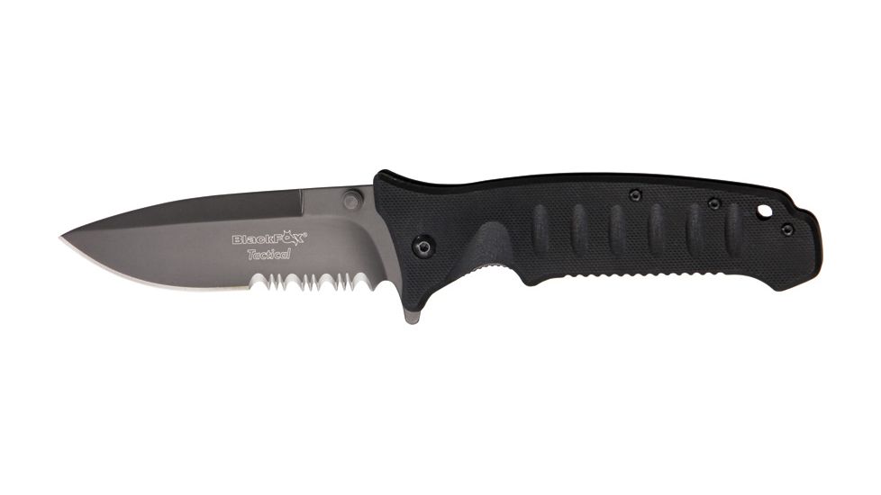 Black Fox Tactical Linerlock Fold Knife, SS assisted opening partially serrated spea, Grooved black G-10 Handle BF111TS