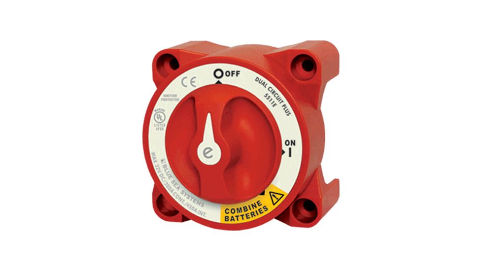 Blue Sea Systems E Ser. Batt Sw, 2 Ckt on-Off-Both, Red BS-5511E