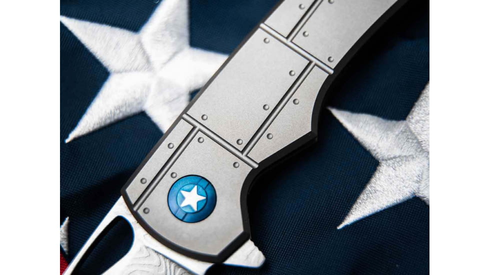 Boker 01Bo910Dam P-51 Damast 3.35 Drop Point Plain Silver Acid Etch Damascus Blade Titanium Handle