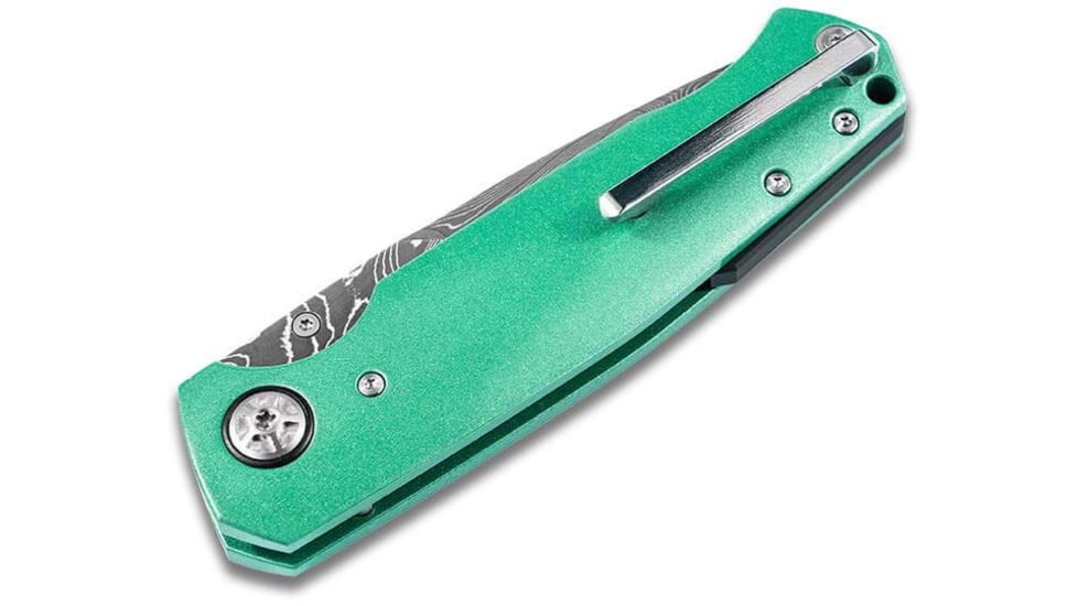 Boker 111102Dam 3.22 Drop Point Plain Damascus Blade Green Aluminum Handle