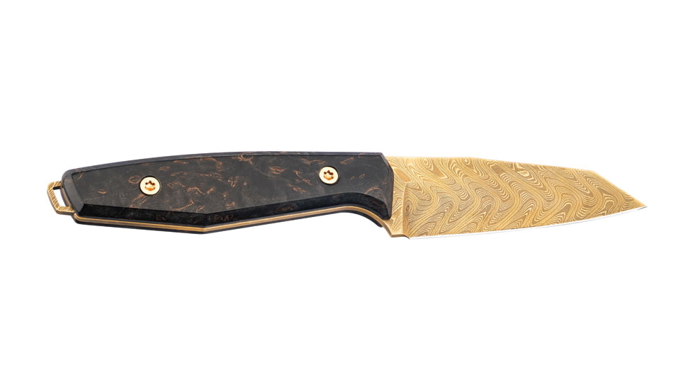 Boker AK1 Damast Gold Fixed Blade Knife by Alex Kremer, 3in, Gold Plated Damascus Blade, Curly Birch Wood Handle, 122511DAM