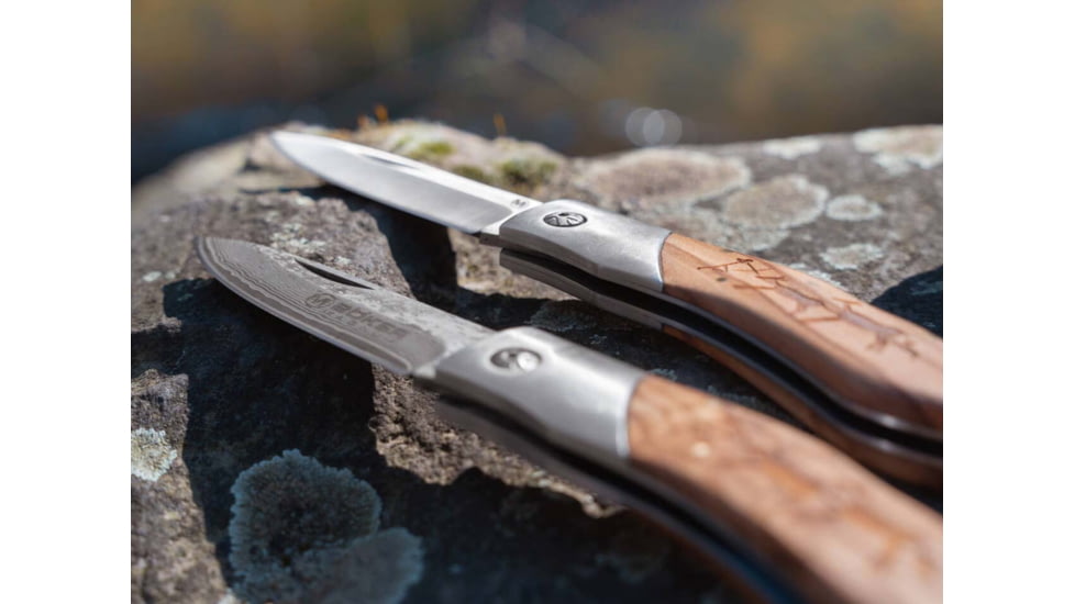 Boker Magnum Caveman Damascus Folding Knife, 4.38in Closed, 3.25in, Damascus Steel Blade, Brown Wood Handle, 01RY818DAM