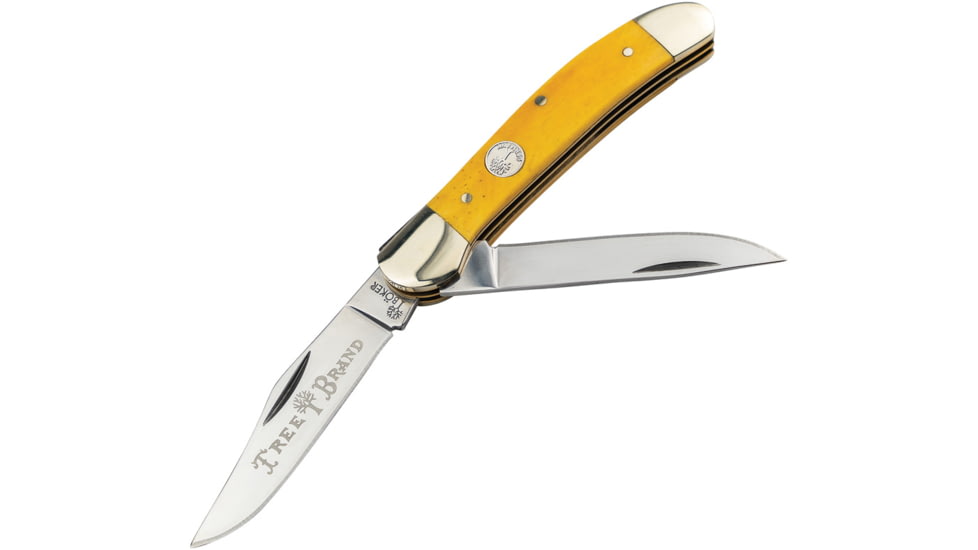 Boker Copperhead Smooth Yellow Folding Knife, 3.75in Closed, Satin D2 Tool Steel Clip/Skinner Blades, Yellow Smooth Bone Handle, 110862