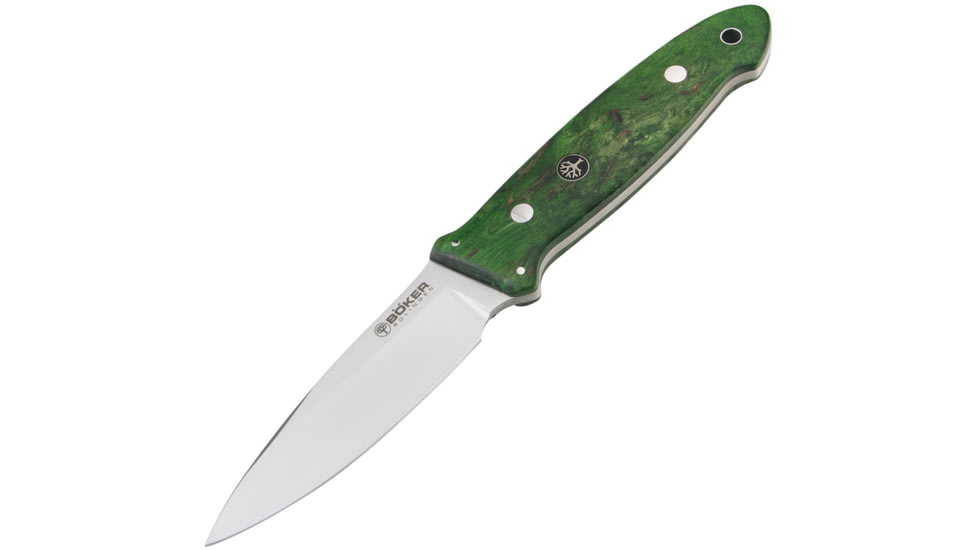 Boker Cub Fixed Blade Green Birch Knife, 3.75 satin finish Bohler N690 stainless blade, Green curly Birch handle, 128661