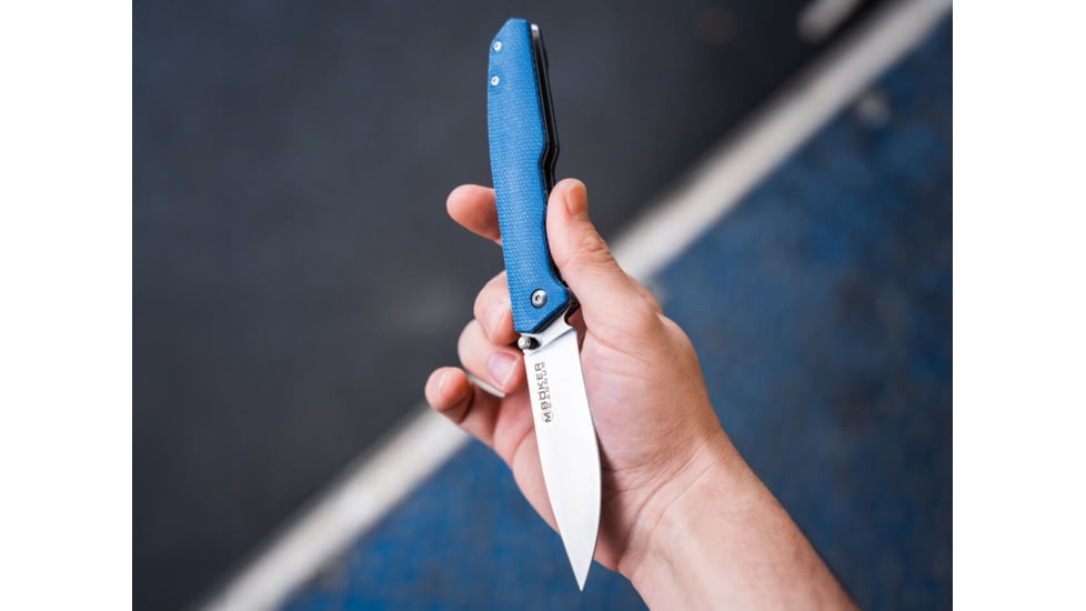 Boker Magnum Deep Blue Folding Knife, 4.5in, Satin 440A Stainless Steel, Drop Point Blade, Blue Canvas Micarta Handle, 01SC714