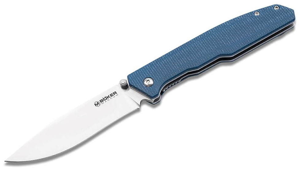 Boker Magnum Deep Blue Folding Knife, 4.5in, Satin 440A Stainless Steel, Drop Point Blade, Blue Canvas Micarta Handle, 01SC714