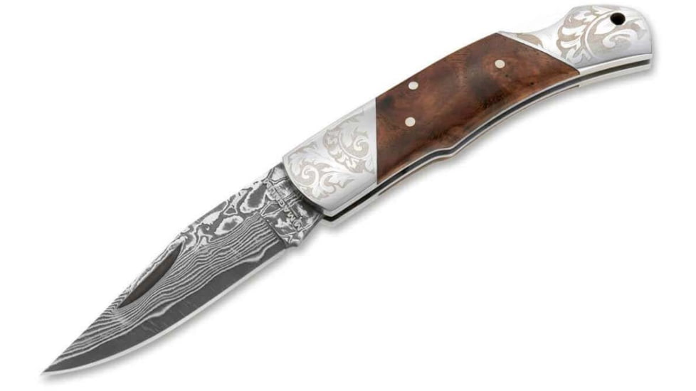 Boker Duke Lockback Folding Knife, 2.44in, Damascus, Clip Point Blade, Wood Brown Handle, 01MB946DAM