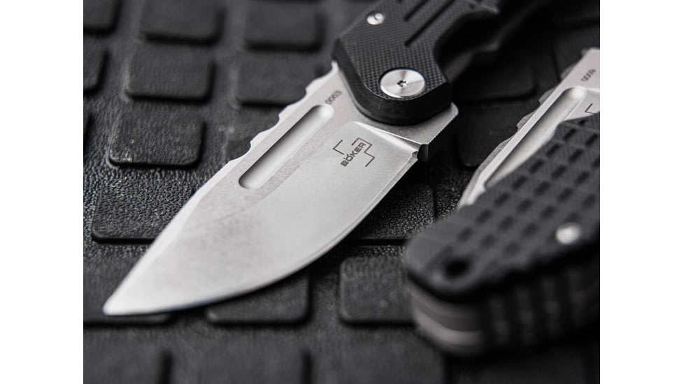 Boker Plus Davlin Drop Folding Knife by Midgards Messer, 2.88in, Stonewash D2 Tool Steel, Drop Point Blade, G10 Black Handle, 01BO548