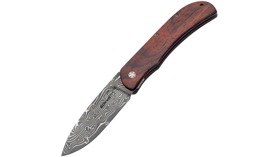 Boker Plus Exskelibur I Linerlock Folding Knife, 3 1/2 Damascus steel spear point blade, Brown cocobolo wood handles, 01BO222DAM