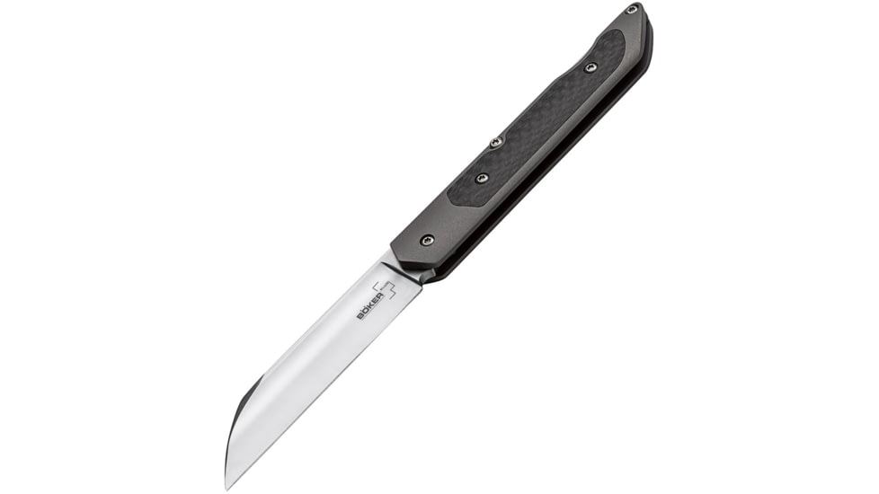 Boker Plus Genios Lockback Folding Knife, 3 satin finish VG-10 stainless sheepsfoot blade, Black titanium handle with carbon fiber inlay, 01BO247