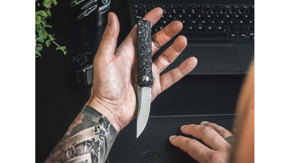 Boker Plus Kwaiken Compact Flipper Marble Folding Knife, 3.03in, D2, Carbon Fiber,Titanium Black Handle, 01BO231