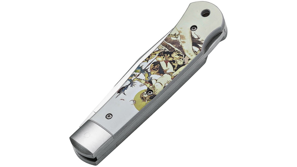 Boker Plus Lockback Frazetta Folding Knife, 3.75in Satin 440C SS Clip Point Blade, Aluminum Handle, SS Bolster, Frank FrazettaS Ghoul Queen Handle Artwork, 01BO653
