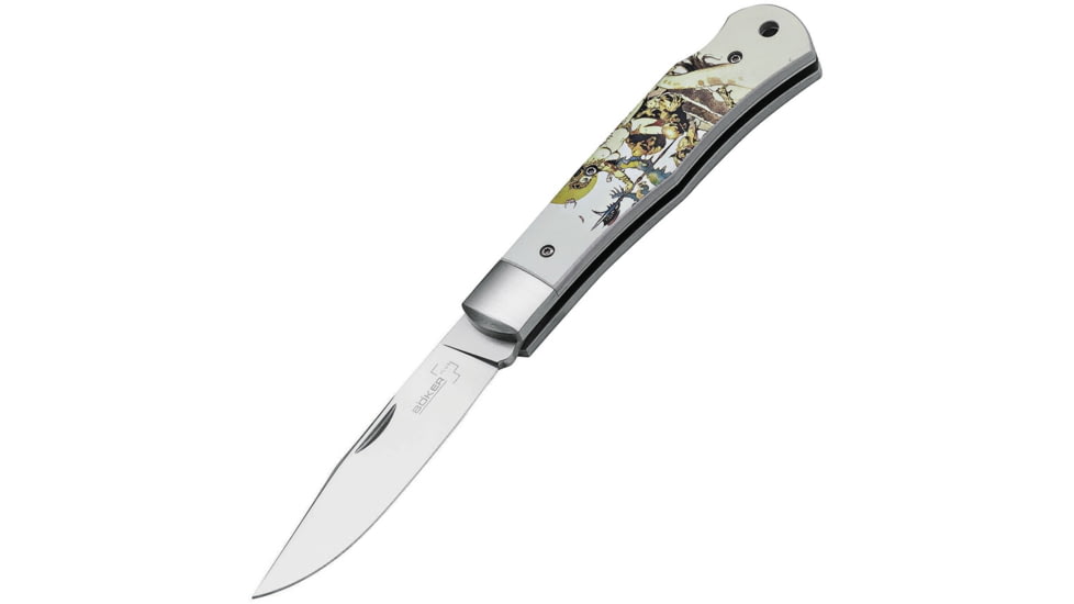 Boker Plus Lockback Frazetta Folding Knife, 3.75in Satin 440C SS Clip Point Blade, Aluminum Handle, SS Bolster, Frank FrazettaS Ghoul Queen Handle Artwork, 01BO653