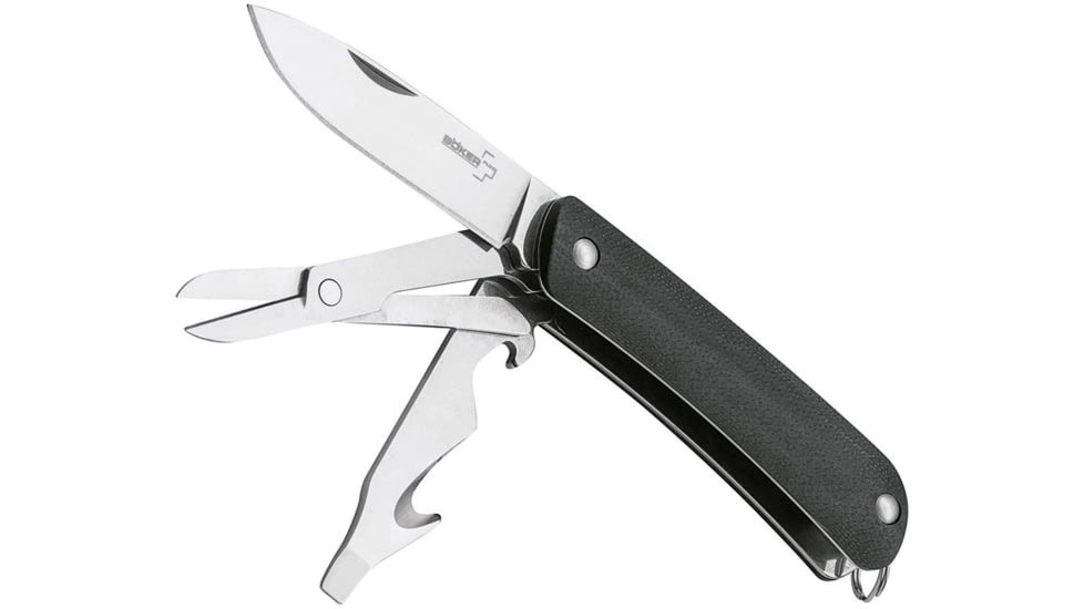 Boker Plus Mini Tech Tool 4 Slip Joint Folding Knife, 2in Satin 12C27 Sandvik SS Blade, Black G10 Handle, Black, 01BO873