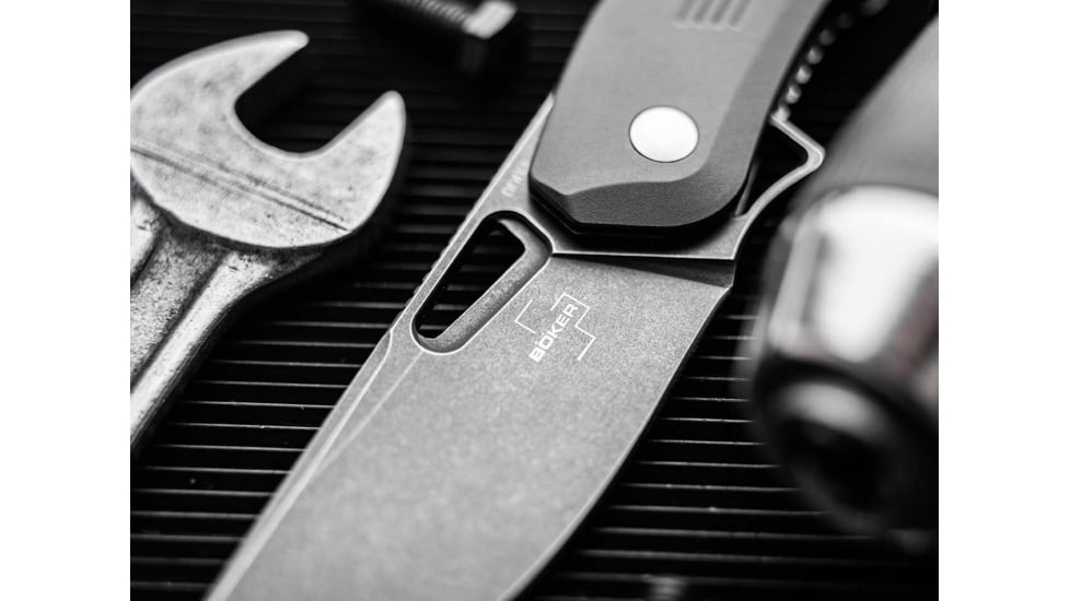 Boker Plus Nahal Black Folding Knife, 4.63in Closed, 3.13in Black Stonewash D2 Tool Steel Blade, Black Aluminum Handle, 01BO628