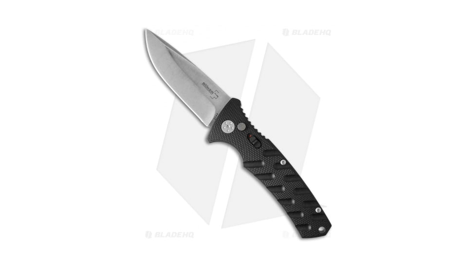 Boker Plus Strike Automatic Folding Knife, 3.23in, Damascus, Drop Point Blade, Aluminum Black Handle, Steel/Black, 7.87in, BHQ-179605