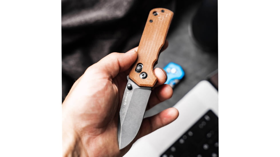 Boker Plus Rockstub Axis Lock Brown Folding Knife, 3.63in, Black Stonewash, 440 Stainless Steel, Drop Point Blade, Brown Canvas Micarta Handle, 01SC710