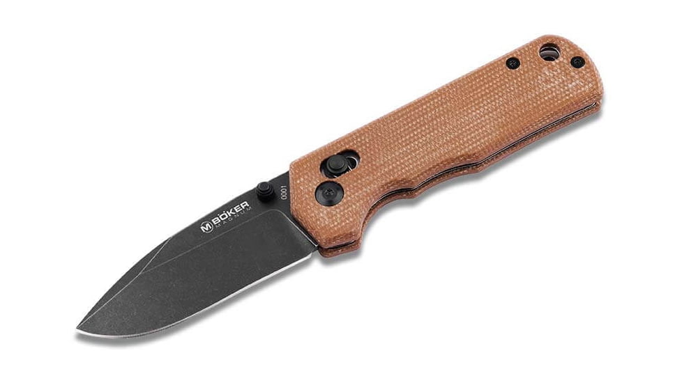 Boker Plus Rockstub Axis Lock Brown Folding Knife, 3.63in, Black Stonewash, 440 Stainless Steel, Drop Point Blade, Brown Canvas Micarta Handle, 01SC710