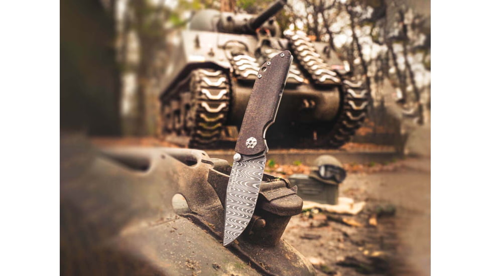 Boker Solingen M4 Sherman Damast Folding Knife, 3.03 in, Damascus, Clip Point Blade, Micarta, Black Handle, 110662DAM