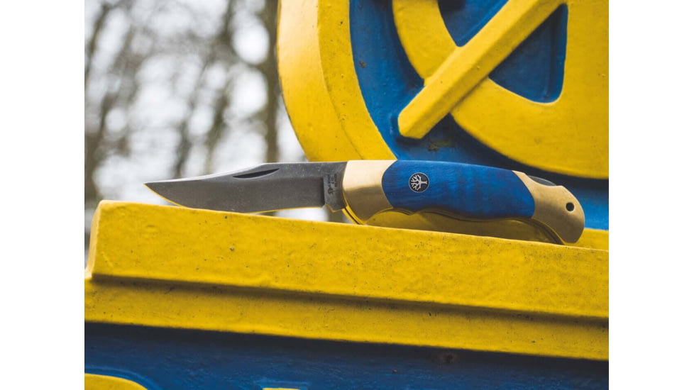 Boker Solingen Scout Solingen Folding Knife, 2.83in, C75, Brass, Chestnut Wood Blue Handle, 112099