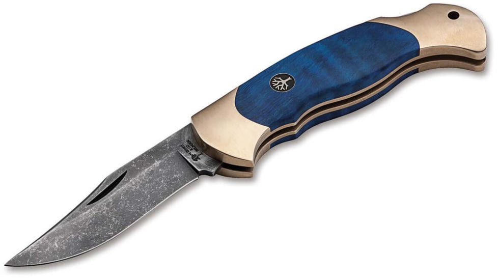 Boker Solingen Scout Solingen Folding Knife, 2.83in, C75, Brass, Chestnut Wood Blue Handle, 112099