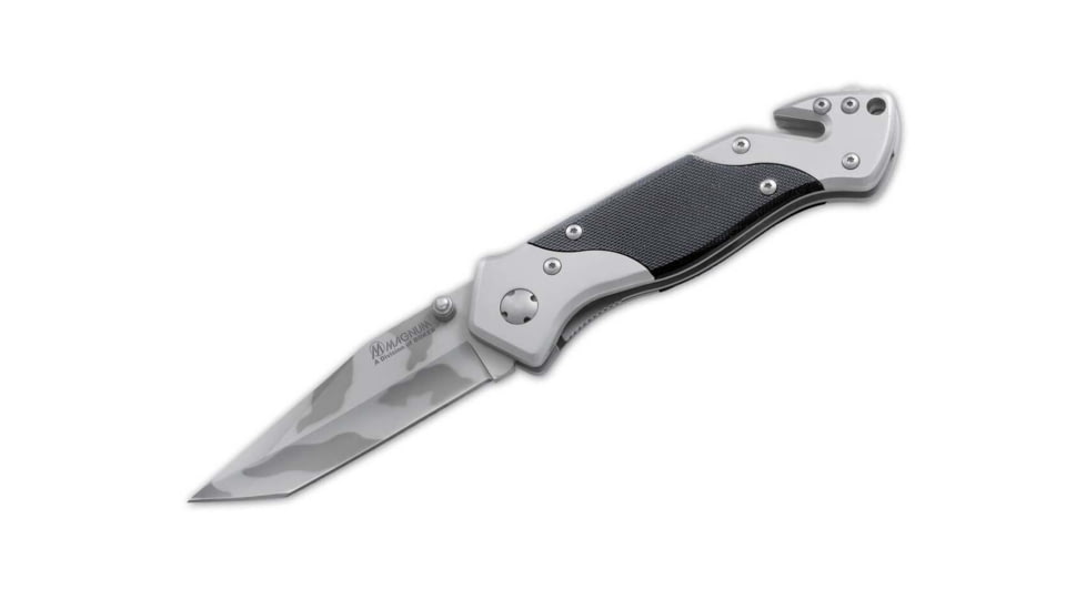 Boker Magnum Tactical Rescue Folding Knife, 5in Closed, 4in, 440 SS, Camo Tanto Blade, Stainless Steel Handle w/ Black G10 Inlay, 01RY997