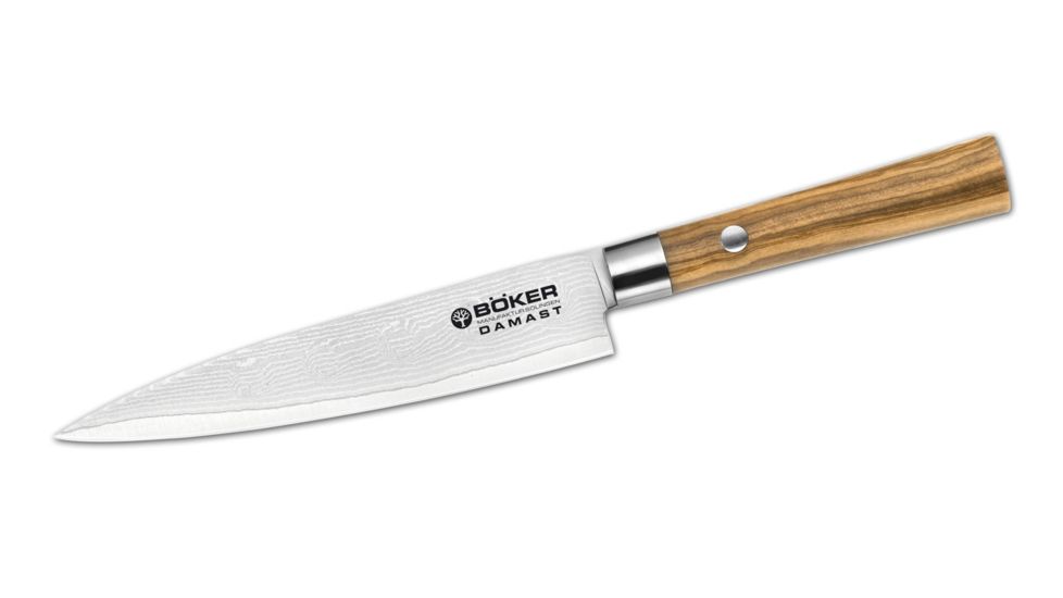 Boker Solingen Damascus Olive Utility Knife, 5 3/4in, Damascus Blade, Olive Pakkawood Handle, 130434DAM