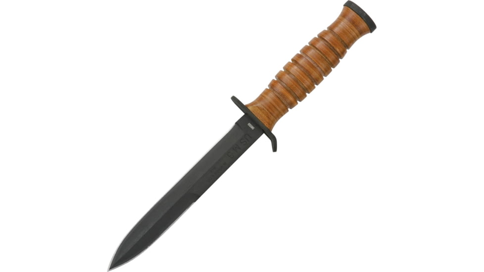 Boker USA M3 1943 Trench Fixed Blade Knife, 11 3/4in Fixed Blade Knife, 11.75in Overall, 6.63in Black SS Blade, Stacked Leather Handle, SS Guard And Pommel, OD Green Belt Sheath, 02BO1943