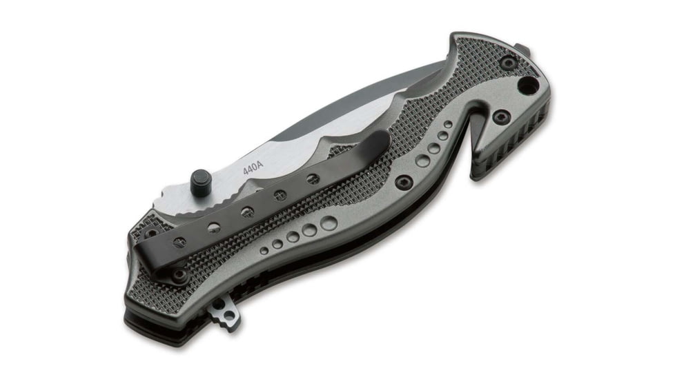 Boker USA Magnum Hero Folding Knife, 4.63in Closed, 3in, 440A, Two-Tone Partially Serrated Blade, Gray Checkered Aluminum Handle, 01RY769