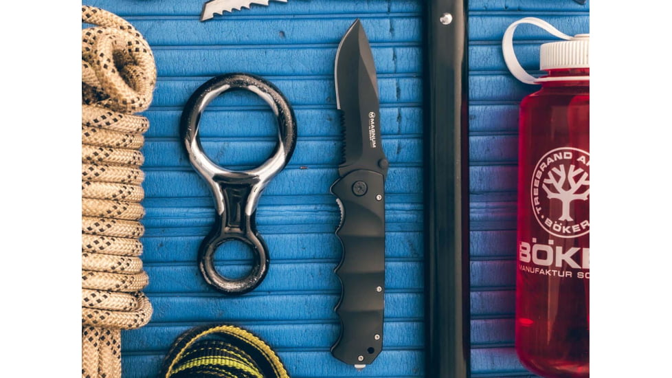 Boker Magnum Stealth Tactical Folding Knife, 5.13 in, 440 SS, Black Partially Serrated Modified Spear Point Blade, Black Aluminum Handle, 01RY247
