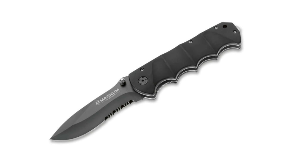 Boker Magnum Stealth Tactical Folding Knife, 5.13 in, 440 SS, Black Partially Serrated Modified Spear Point Blade, Black Aluminum Handle, 01RY247