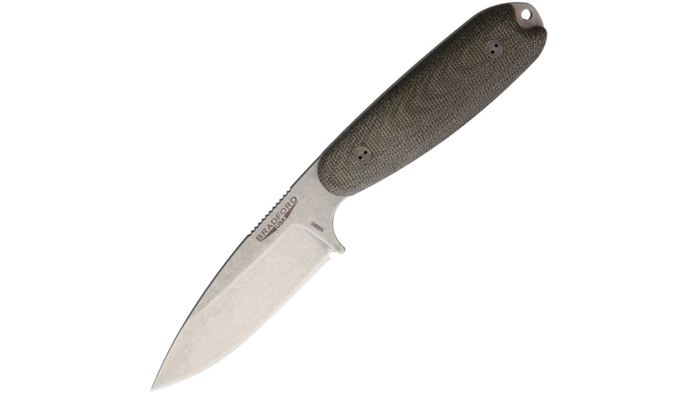 Bradford Knives Guardian 3.5 OD Green Knife, 3.5 stonewash finish Bohler N690 stainless blade, Green linen micarta handle, 3.5S-102-N690