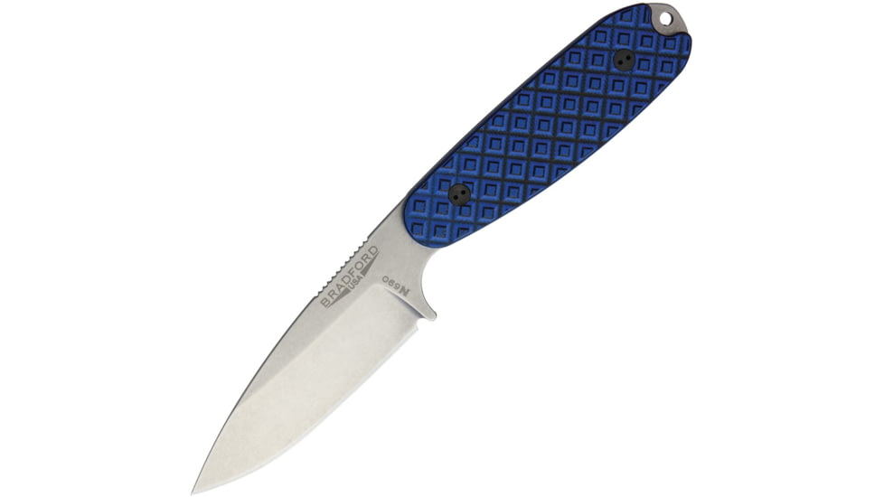 Bradford Knives Guardian 3.5 Sabre Blue Fixed Blade Knife, 7.5in Overall, 3.5in Stonewash N690 SS Drop Point, Black/Blue Sculpted G10 Handle, Brown Leather, 3.5S-013-N690