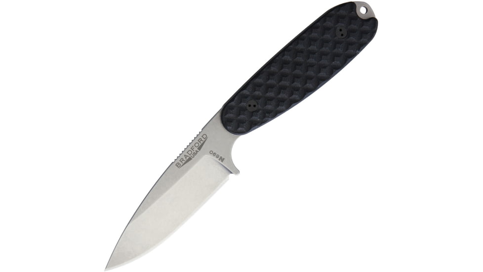 Bradford Knives Guardian 3.5 Sabre Fixed Blade Knife, 7.5in Overall, 3.5in Stonewash N690 SS Drop Point, Black Sculpted G10 Handle, Sabre Grind Blade, Brown Leather Belt Sheath, Black, 3.5S-001-N690