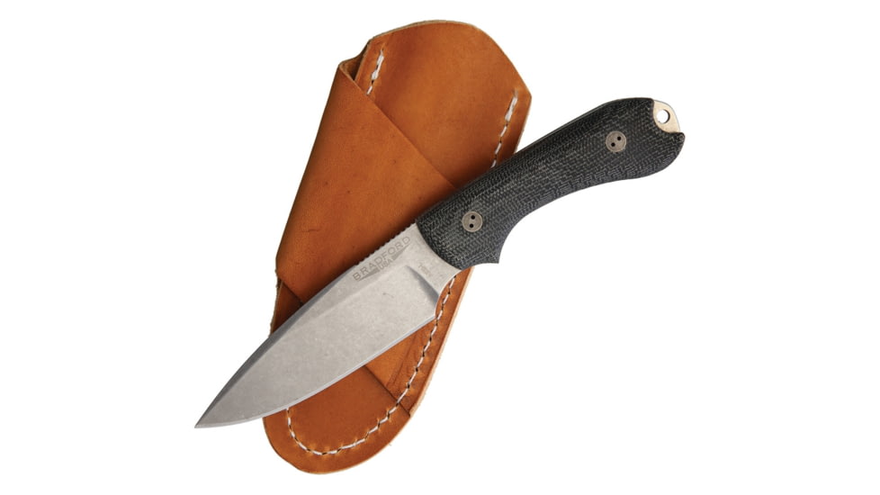 Bradford Knives Guardian 3 Fixed Blade Knife, 6.75in Overall, 3.5in Stonewash Aeb-L SS Blade, Black Canvas Micarta Handle, Brown Leather Belt Sheath, Black, 3FE-101-AEBL