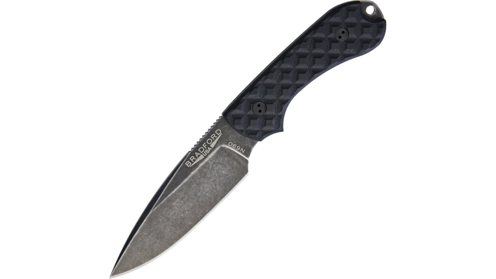Bradford Knives Guardian 3 Nimbus Fixed Blade Knife, 6.75in Overall, 3.5in Nimbus Finish N690 SS Drop Point, Black Sculpted G10 Handle, Sabre Gound Blade, Brown Leather, Black, 3FE-001N-N690
