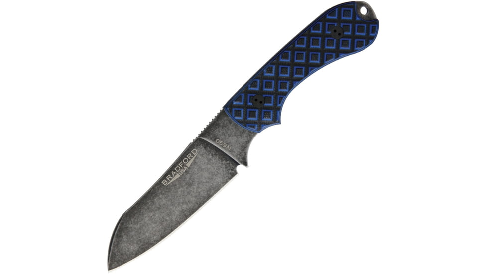 Bradford Knives Guardian 3 Sheepsfoot Nimbus Fixed Blade Knife, 7in Overall, 3.5in N690 SS Sheepsfoot Blade, Black/Blue Sculpted G10 Handle, Nimbus Blade, Black Leather, Black /Blue, 3SF-013N-N690