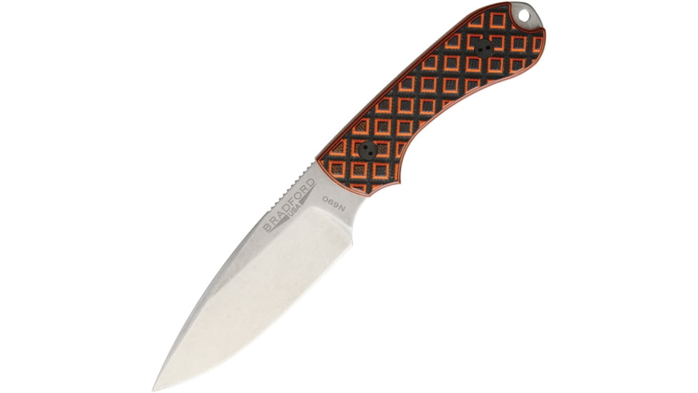 Bradford Knives Guardian 3 Tiger Stripe, 6 3/4in Fixed Blade Knife, 6.75in Overall, 3.25in Stonewash N690 SS Drop Point, Textured G10 Handle, Black/Orange Handle, Brown Leather, 3FE-006-N690