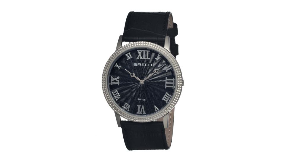Breed George Mens Watch, Black Leather Band, Silver Bezel, Black Analog Dial, Silver Hand BRD2204