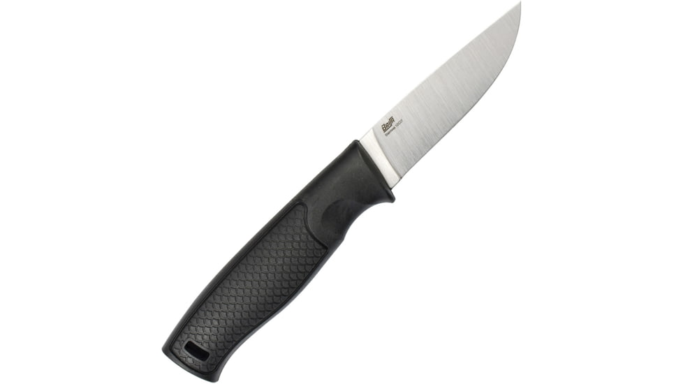 Brisa Hiker 95 Flat Fixed Blade Knife, 8.5in Overall, 3.75in Satin Sandvik 12C27 SS Blade, Black Polypropylene Handle, Flat Grind Blade, Black Leather Belt Sheath, 23002