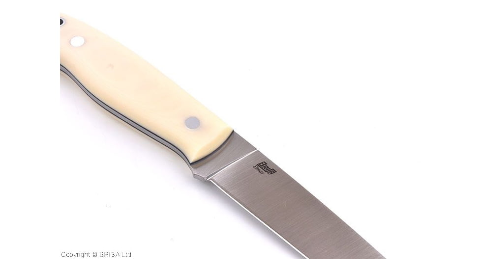 Brisa Trapper 115 Ivory Flat Fixed Blade Knife, 8.88in Overall, 4.75in Satin Flat Ground Elmax Steel Blade, Ivory Smooth Micarta Handle, Leather Sheath, 080-66501-1563