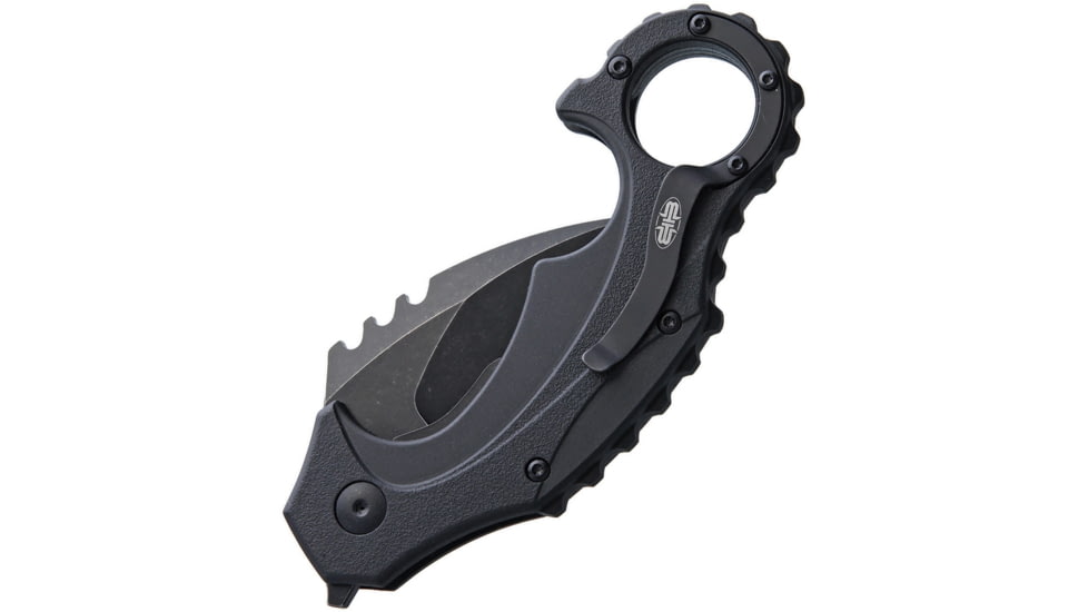 Brous Blades Enforcer Linerlock Acid Stonew Folding Knife, 2.75in Acid Washed Finish SS Karambit Blade, Black Sculpted Polymer Handle, Finger Ring, Pocket Clip, Extended Tang, BRBM001A