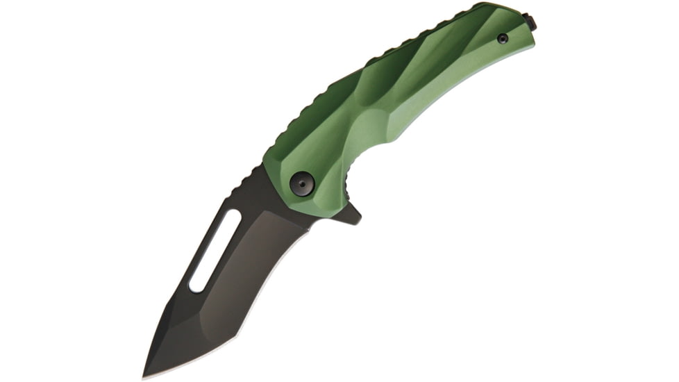 Brous Blades Reloader Aluminum Edition Folding Knife, 3.75in Black D2 Tool Steel Modified Tanto Blade, Green Sculpted Aluminum Handle, Pocket Clip, Storage Case, RLA-GRN-BO