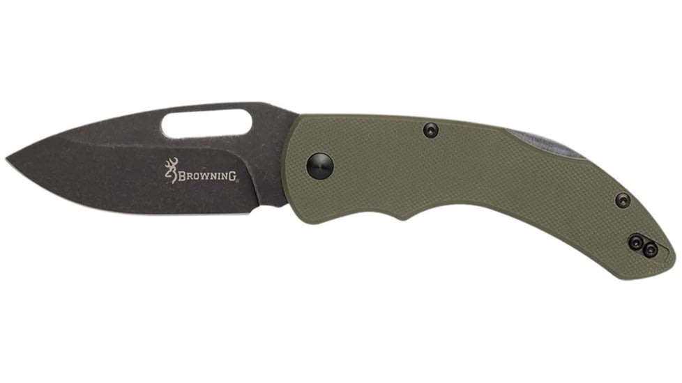Browning Large Hidden Hollow Folding Knife, 3in, D2 Steel Drop Point Blade, Green G10 Handle, Boxed, 3220506B
