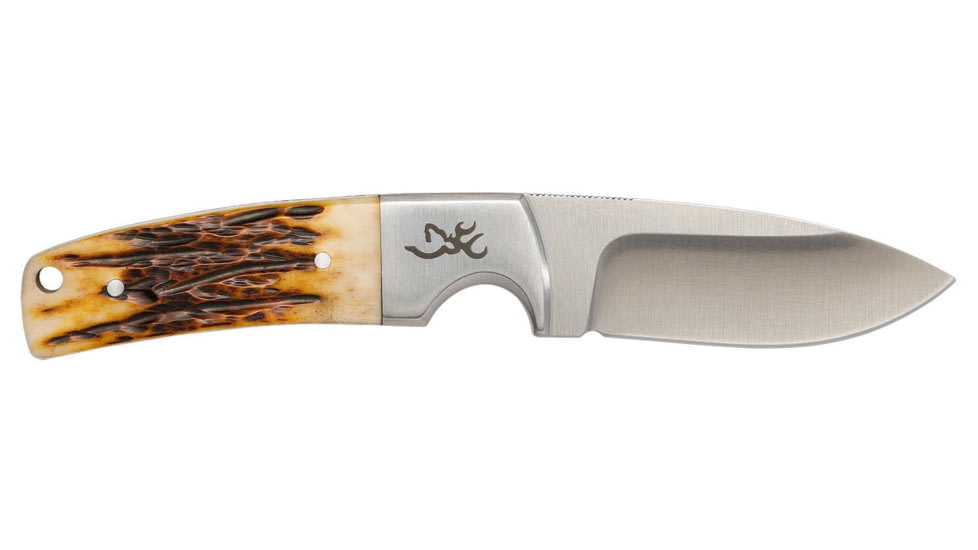 Browning Buckmark Hunter Fixed Blade Knife, 3in, 8Cr13MoV Drop Point Blade, Brown Jigged Ox Bone Handle, Boxed, 3220509B