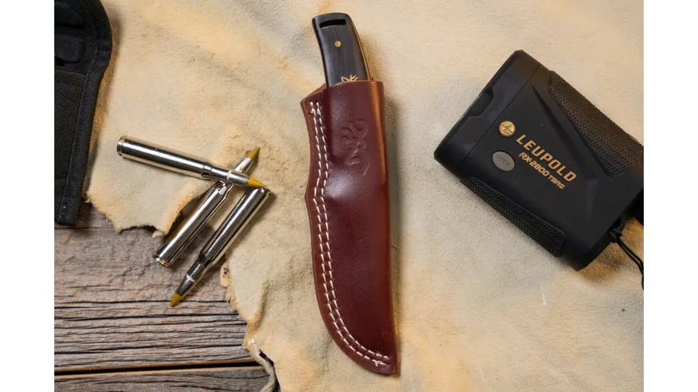 Browning Buckmark Hunter Fixed Blade Knife, 3.125in, 8Cr13MoV, Drop Point, Zebra/Ebony Wood Handle, Split Grain Leather, 3220271