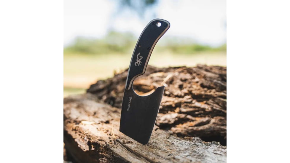 Browning Cutoff Camp Cleaver Knife, 6.25in Overall, 2.5in Black Oxide Coated 9Cr14MoV Stainless Steel Blade, Black/Tan G10 Handle, Black Ballistic Cloth Belt Sheath, 3220322B